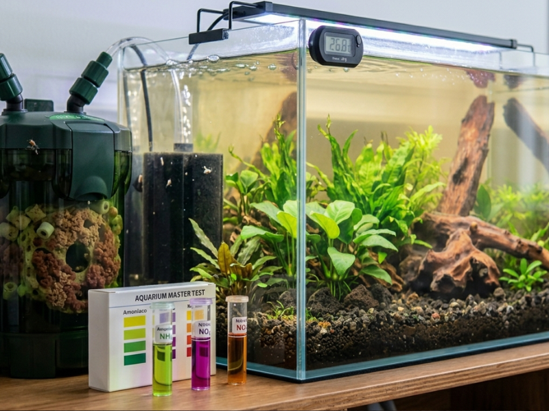 acuario y reactivos usados. para el ciclado del acuario